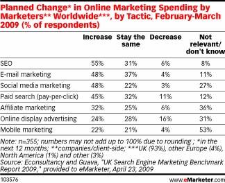 Planned Change in Online Marketing Spending by Marketers Worldwide, feb - march 2009