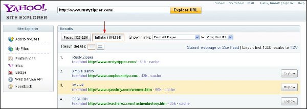 yahoo site explorer