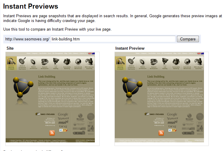 Google Webmaster Tools Instant Previews