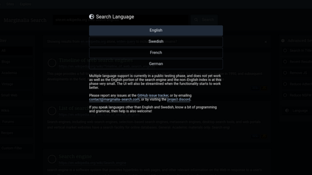 Marginalia search engine language selection dialogue