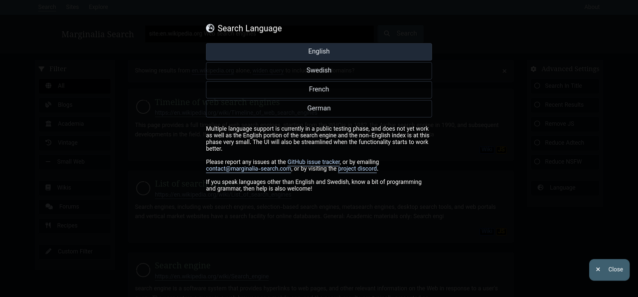 Marginalia search engine language selection dialogue