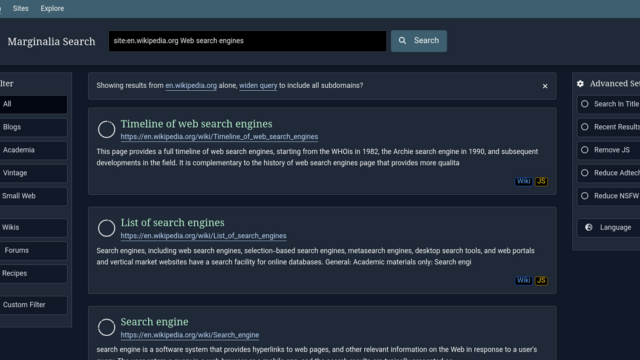 Marginalia search engine search results