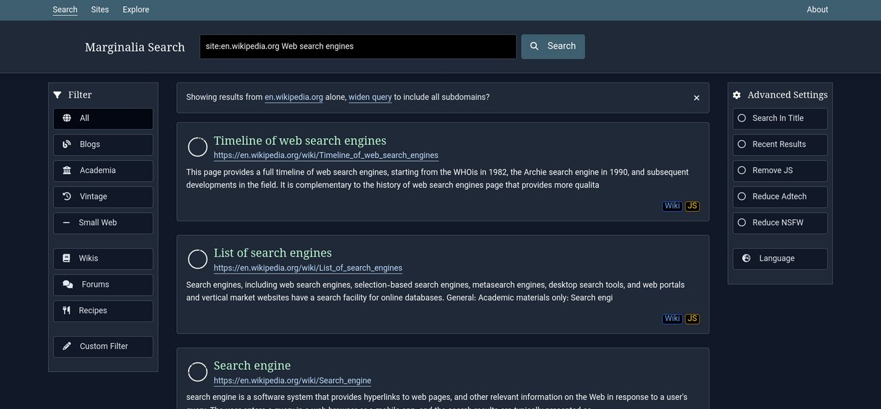 Marginalia search engine search results