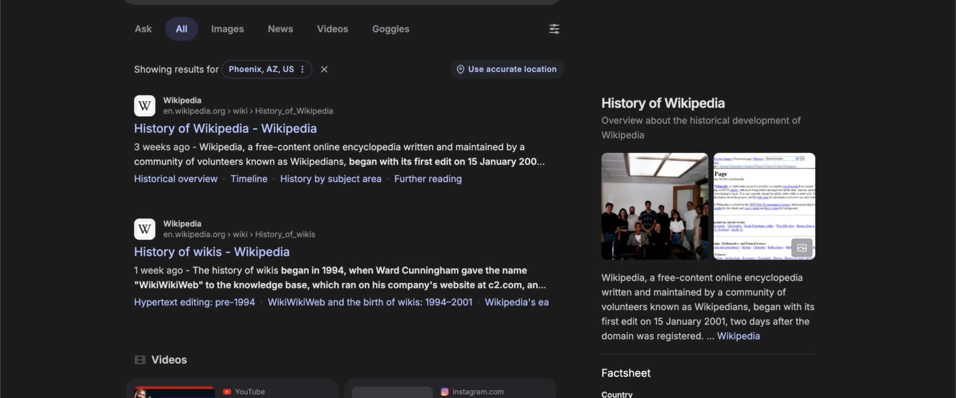 Search engine results page for brave