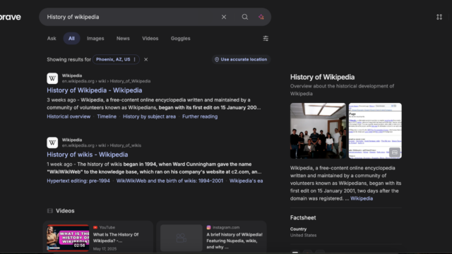 Search engine results page for brave