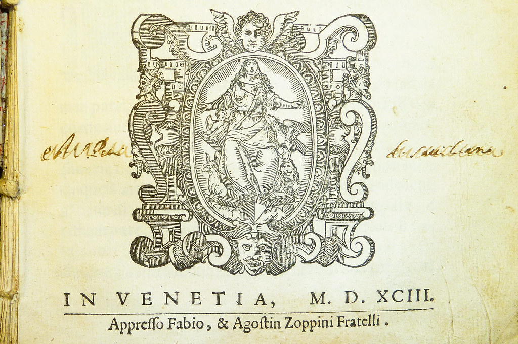 Two ownership inscriptions; device of printers fabio and agostino zoppini