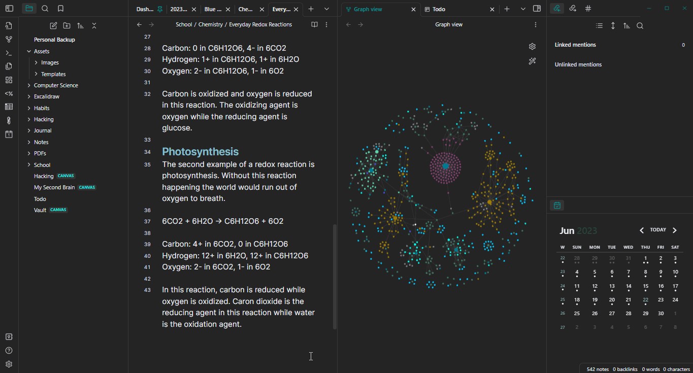 Obsidian desktop screenshot showing linked notes and graph view