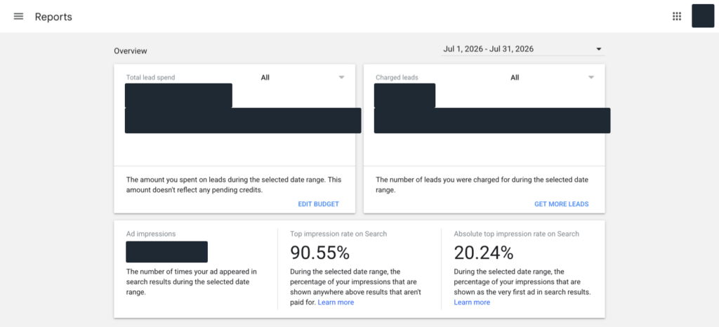 Google Local Services Ads Reports overview for July 2026, showing a 90.55% top impression rate on Search and a 20.24% absolute top impression rate. Spend and lead counts are redacted.