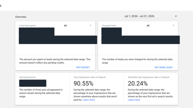 Google Local Services Ads Reports overview for July 2026, showing a 90.55% top impression rate on Search and a 20.24% absolute top impression rate. Spend and lead counts are redacted.
