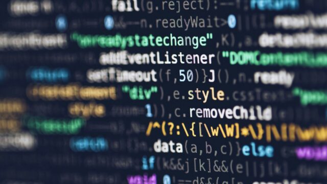 JavaScript source code on a dark screen, with function calls, event listeners and DOM methods picked out in colour.