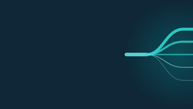 Abstract diagram in teal on navy: a single stream fanning out into five bands of decreasing weight, each ending separately rather than converging.
